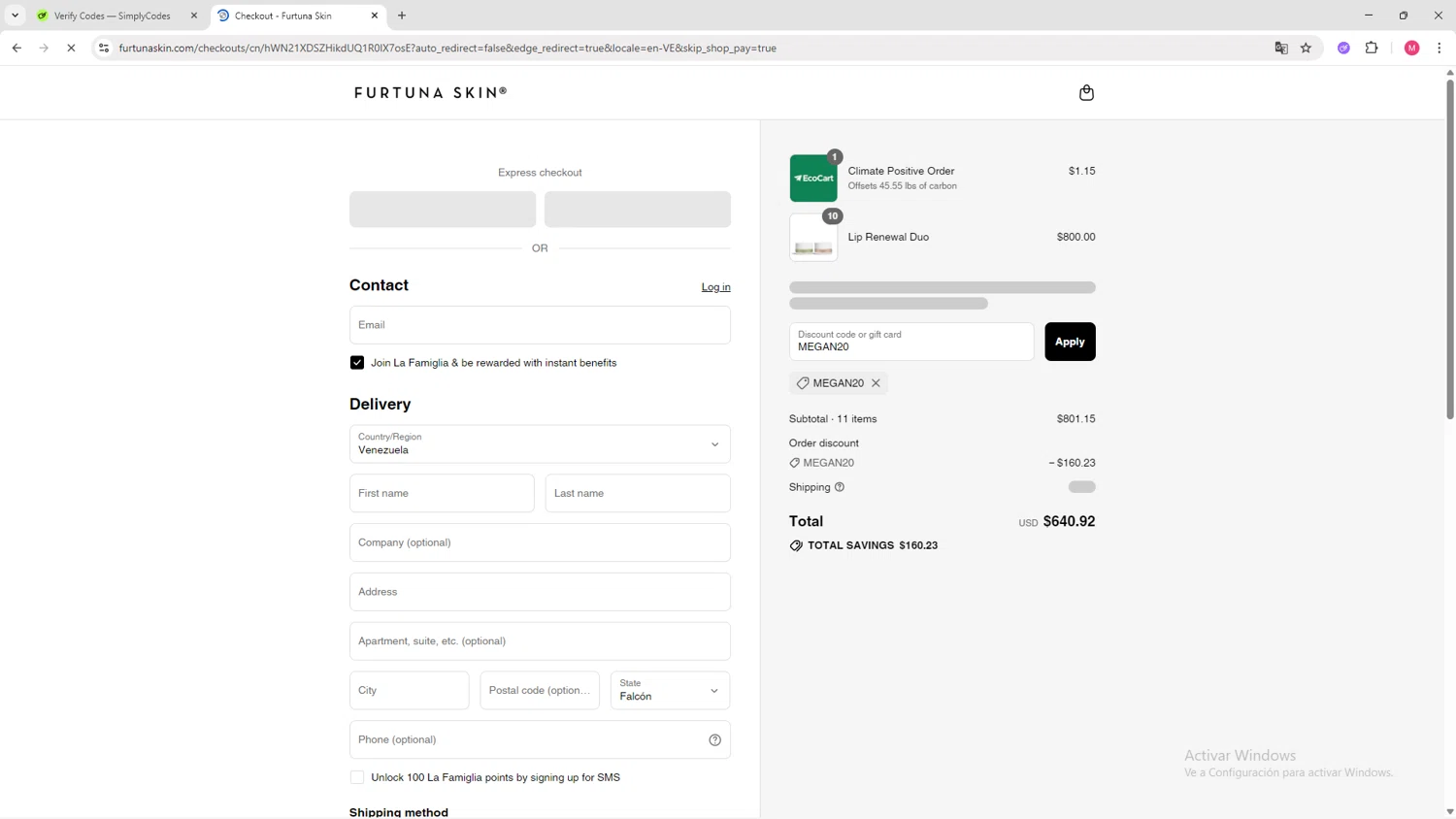 Furtuna Skin discount code screenshot showing code MEGAN20 applied at Furtuna Skin checkout page. Uploaded by SimplyCodes community member CBR600 on Aug 20, 2025