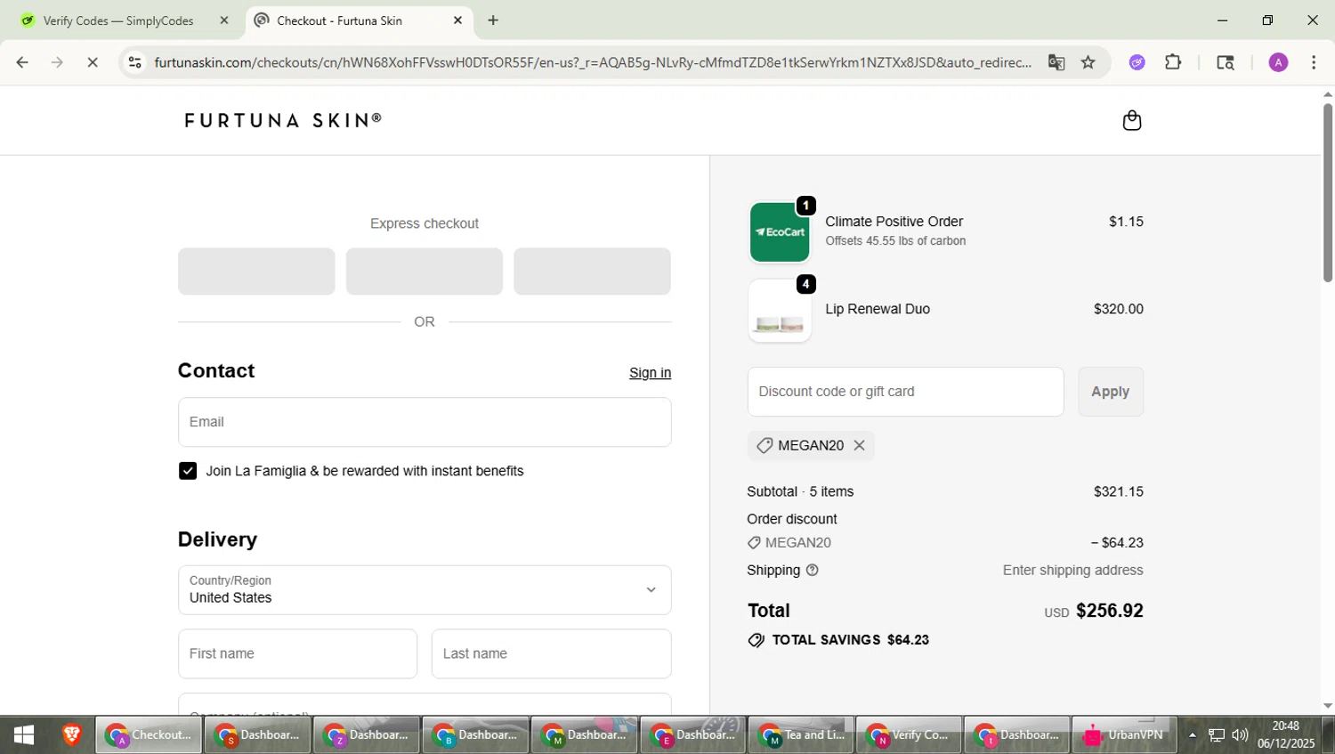 Furtuna Skin discount code screenshot showing code MEGAN20 applied at Furtuna Skin checkout page. Uploaded by SimplyCodes community member cuieoseva on Dec 7, 2025