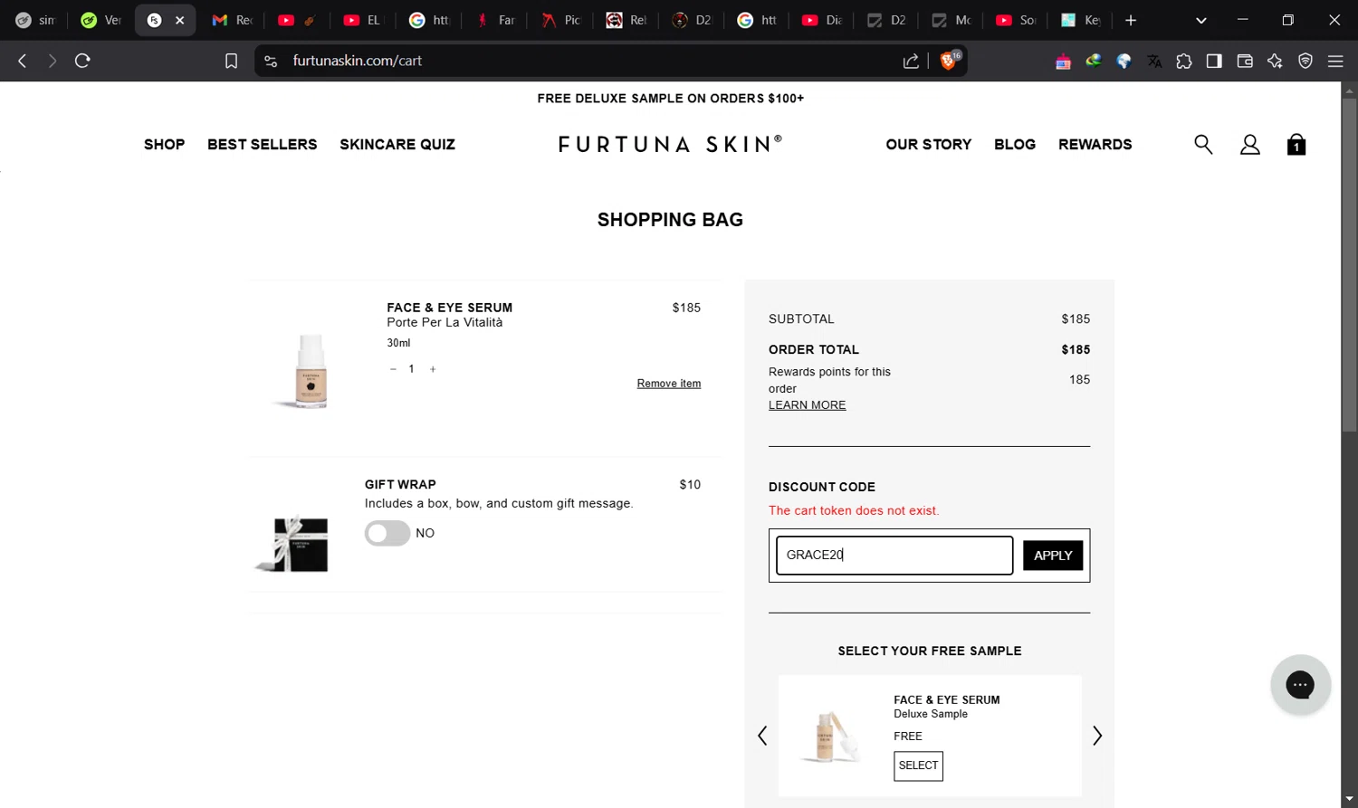 Furtuna Skin discount code screenshot showing code GRACE20 applied at Furtuna Skin checkout page. Uploaded by SimplyCodes community member Norman_KSD on Feb 18, 2025