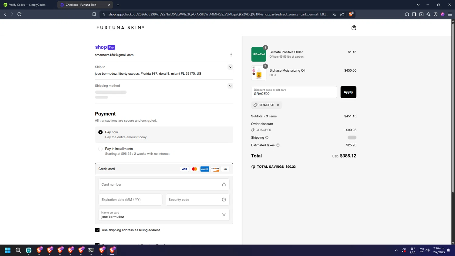Furtuna Skin discount code screenshot showing code GRACE20 applied at Furtuna Skin checkout page. Uploaded by SimplyCodes community member diosgreed2030 on Apr 7, 2025
