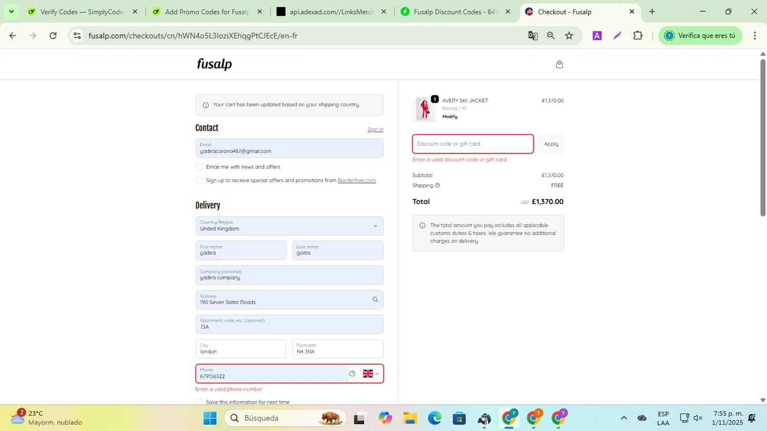 Fusalp promo code screenshot showing code SPRING15 applied at Fusalp checkout page. Uploaded by SimplyCodes community member ycg487 on Nov 1, 2025
