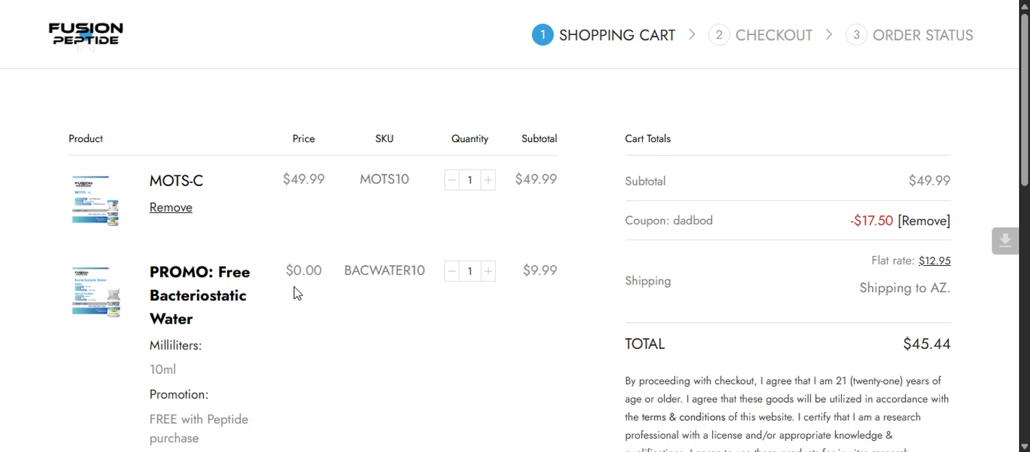 Fusion Peptide promo code screenshot showing code DADBOD applied at Fusion Peptide checkout page. Uploaded by SimplyCodes community member 111111 on Oct 27, 2025