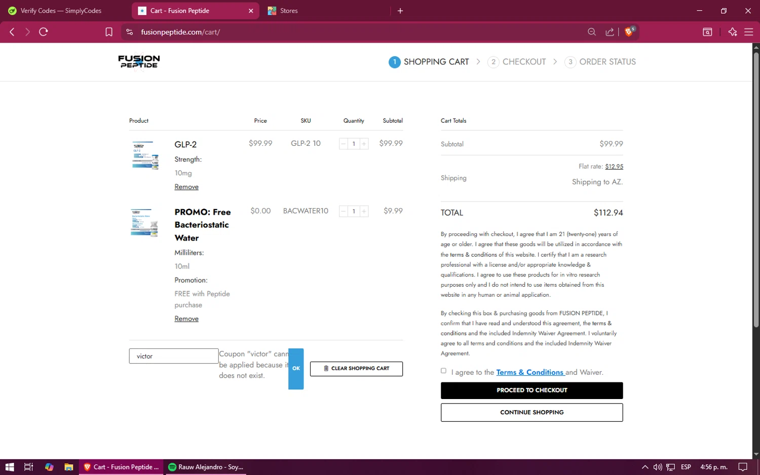 Fusion Peptide promo code screenshot showing code victor applied at Fusion Peptide checkout page. Uploaded by SimplyCodes community member XINNNN on Oct 23, 2025