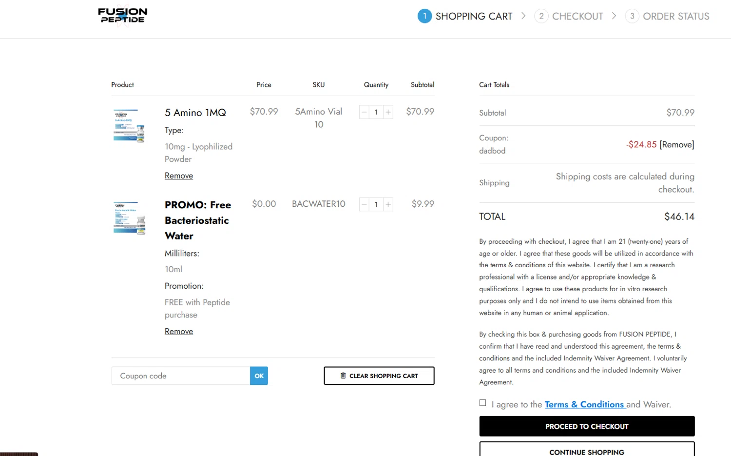 Fusion Peptide promo code screenshot showing code DADBOD applied at Fusion Peptide checkout page. Uploaded by SimplyCodes community member Billyyou on Dec 24, 2025