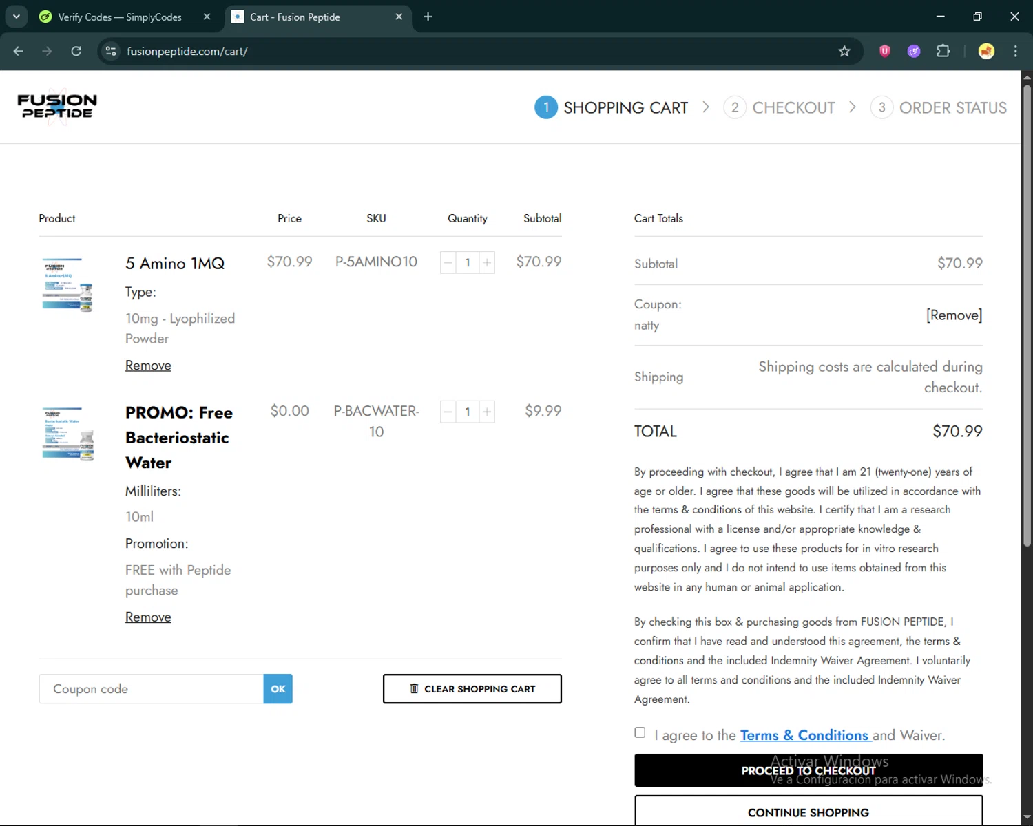 Fusion Peptide checkout page showing Fusion Peptide promo code box | Screenshot taken by SimplyCodes community member on Jan 22, 2026