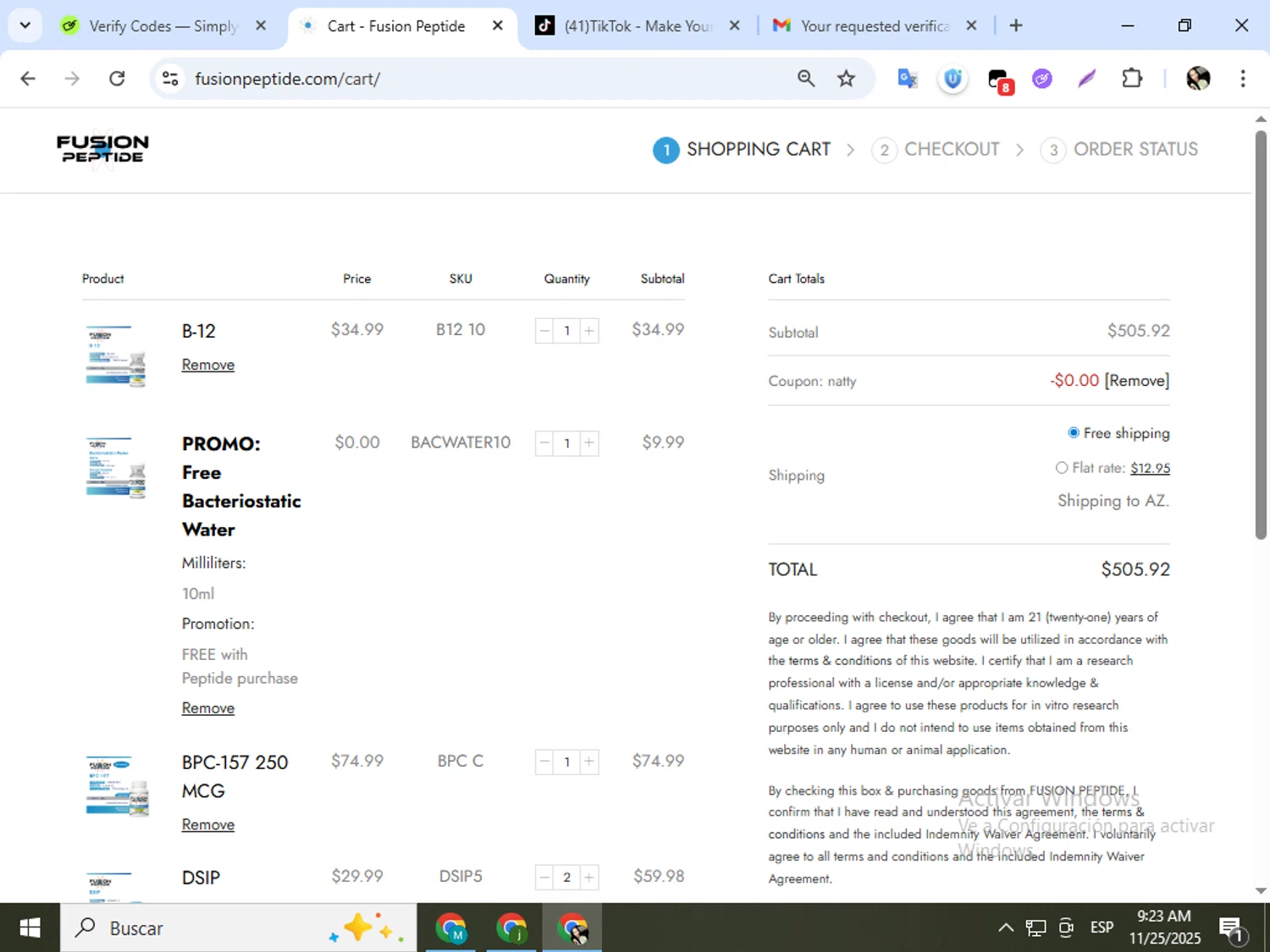 Fusion Peptide promo code screenshot showing code natty applied at Fusion Peptide checkout page. Uploaded by SimplyCodes community member mariapolancog on Nov 25, 2025