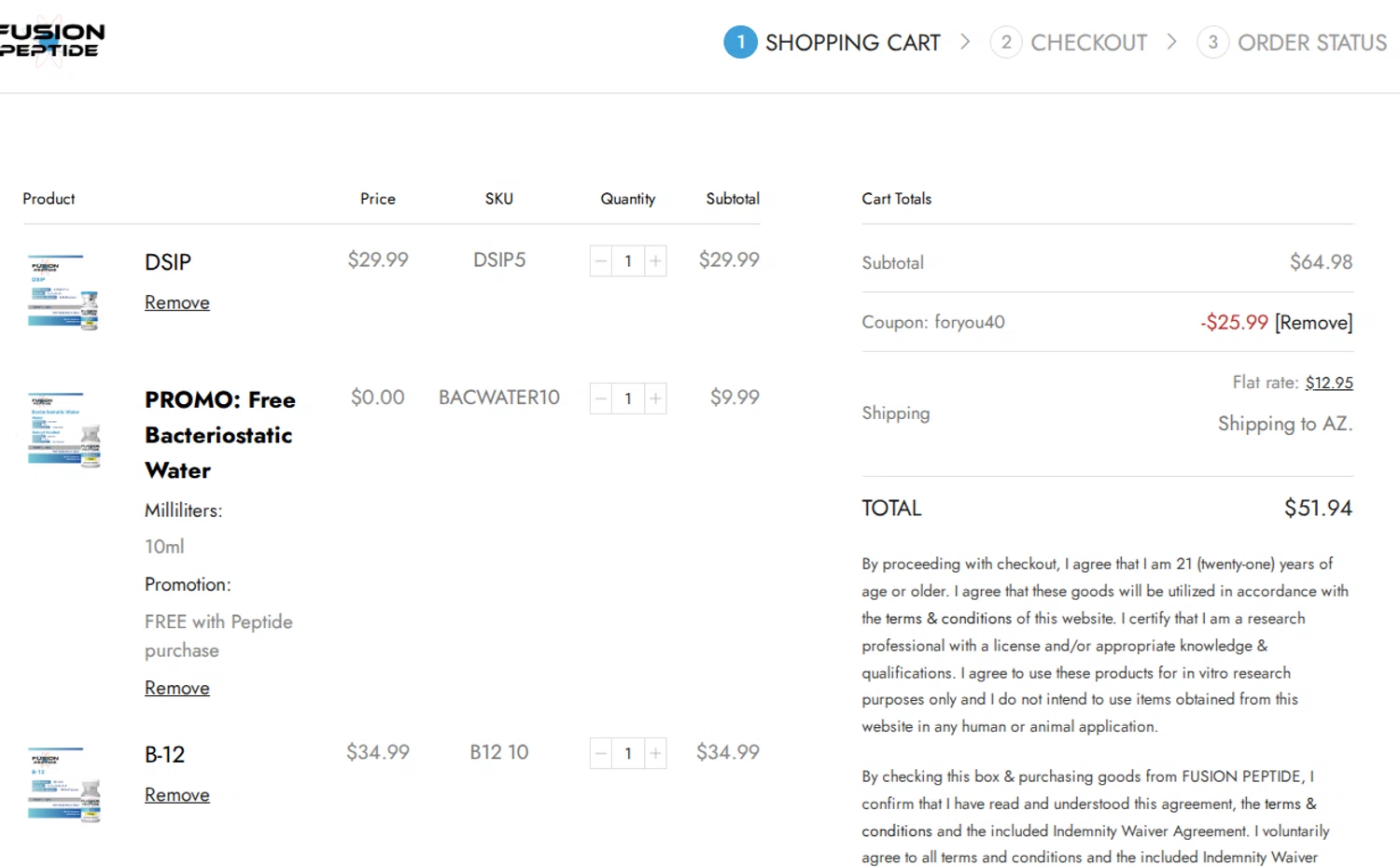 Fusion Peptide checkout page showing Fusion Peptide promo code box | Screenshot taken by SimplyCodes community member on Nov 14, 2025