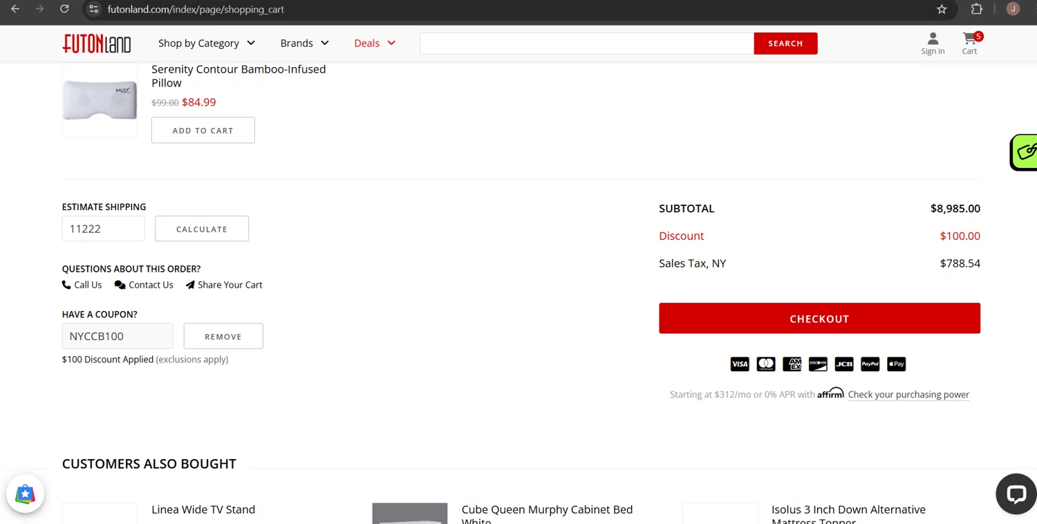 FutonLand promo code screenshot showing code NYCCB100 applied at FutonLand checkout page. Uploaded by SimplyCodes community member Jeissonplex on Mar 26, 2025