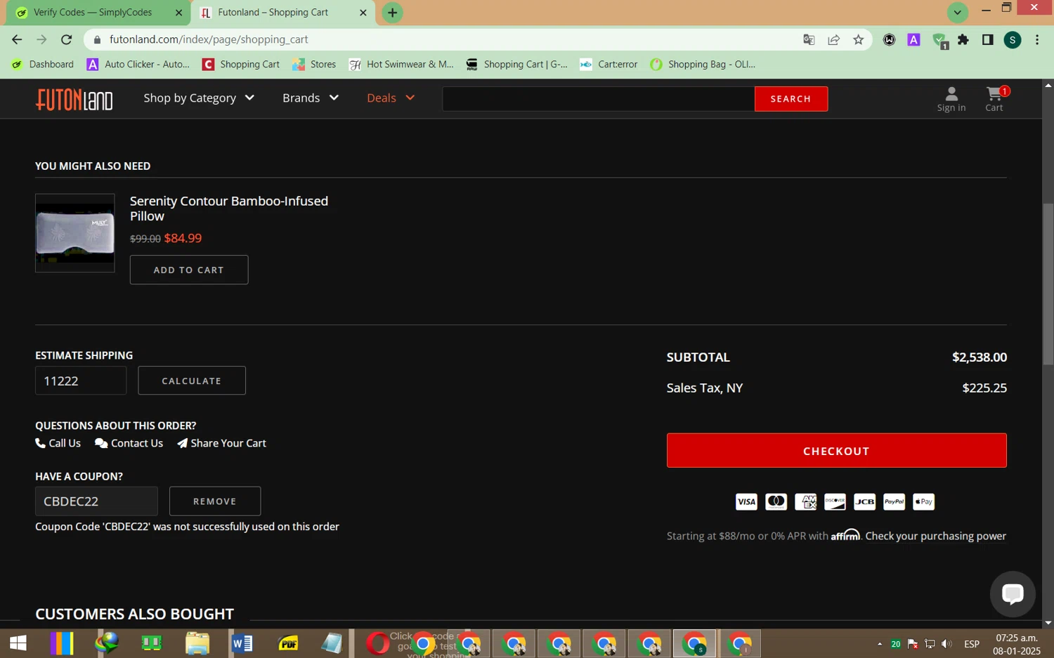 FutonLand promo code screenshot showing code CBDEC22 applied at FutonLand checkout page. Uploaded by SimplyCodes community member jeysosmoore on Jan 8, 2025