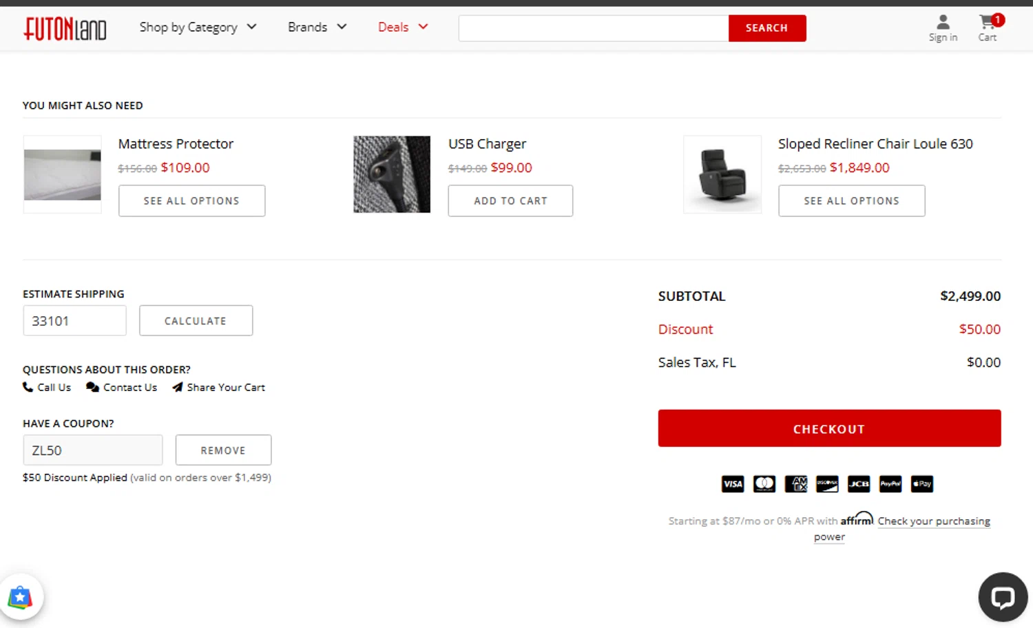 FutonLand promo code screenshot showing code Zl50 applied at FutonLand checkout page. Uploaded by SimplyCodes community member ShieldTitan9442 on Apr 3, 2025