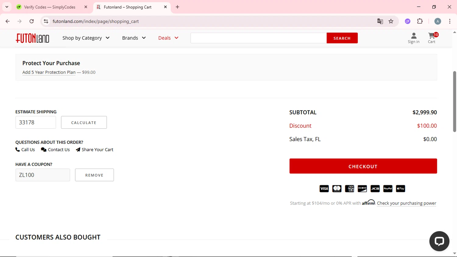 FutonLand promo code screenshot showing code Zl100 applied at FutonLand checkout page. Uploaded by SimplyCodes community member CrownSpotter6947 on May 31, 2025
