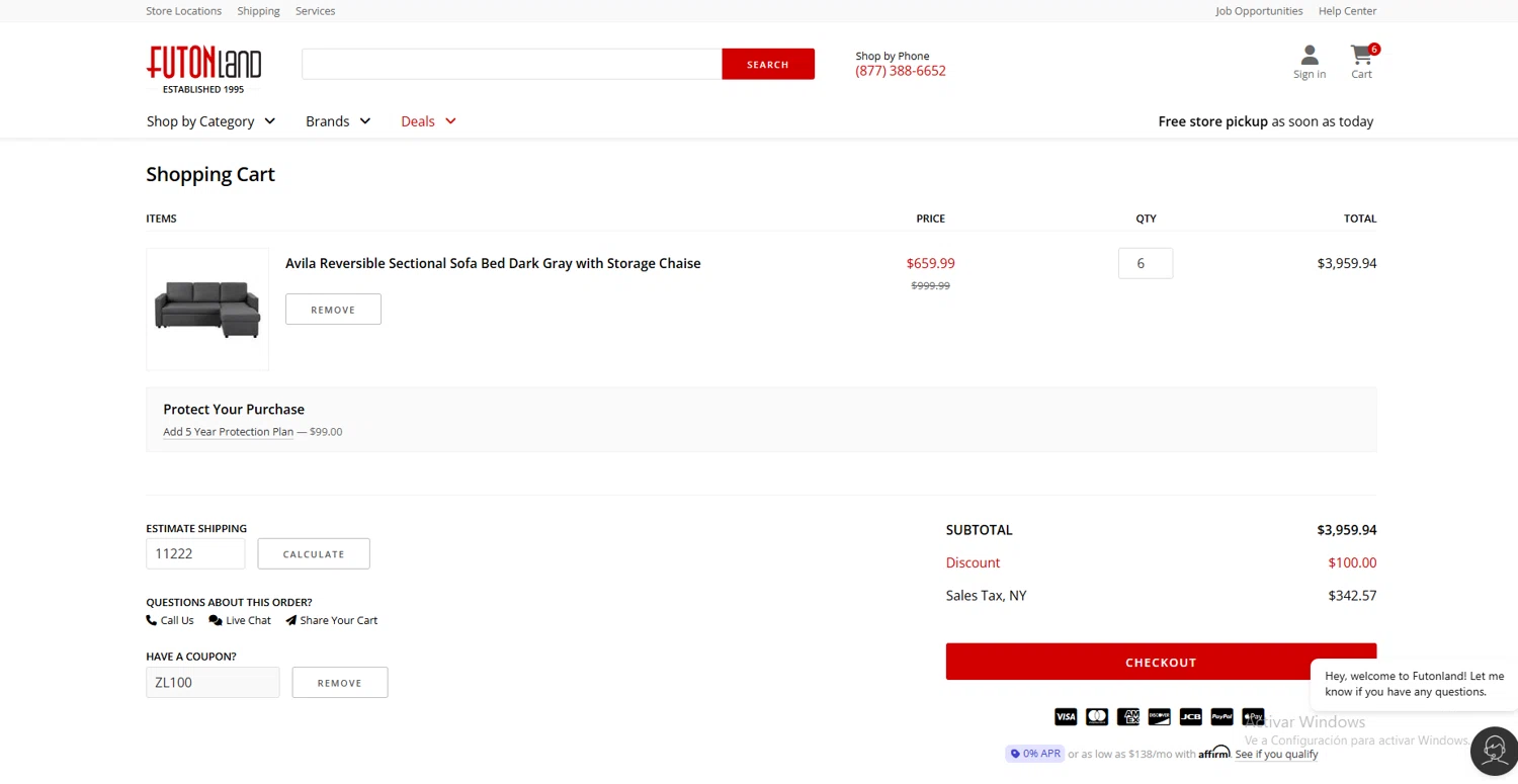 FutonLand promo code screenshot showing code Zl100 applied at FutonLand checkout page. Uploaded by SimplyCodes community member VoucherLynx1047 on May 2, 2025