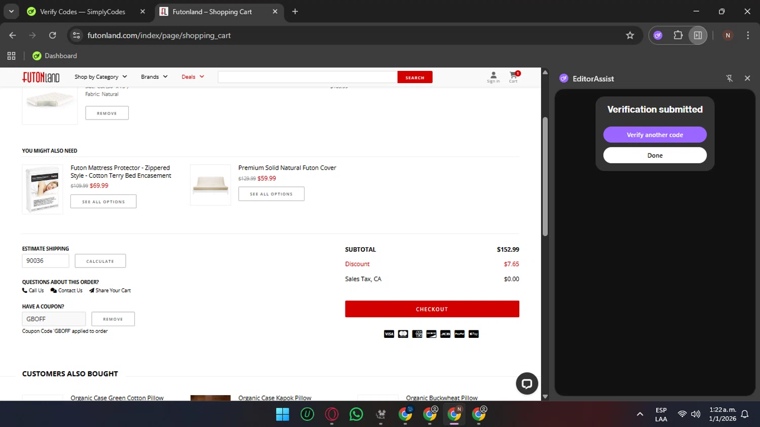 FutonLand checkout page showing FutonLand promo code box | Screenshot taken by SimplyCodes community member on Jan 1, 2026