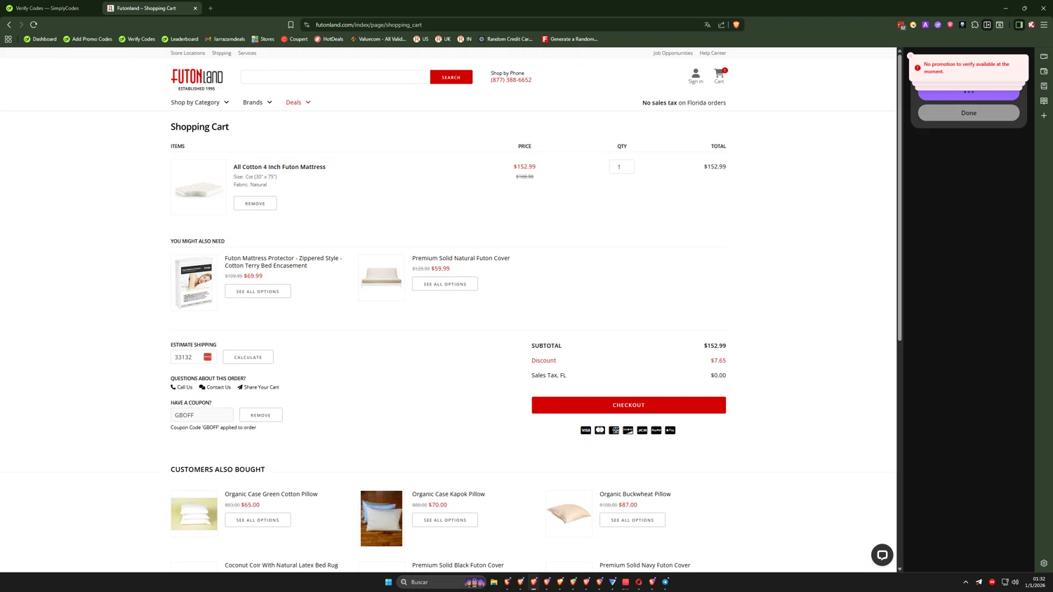 FutonLand checkout page showing FutonLand promo code box | Screenshot taken by SimplyCodes community member on Jan 1, 2026