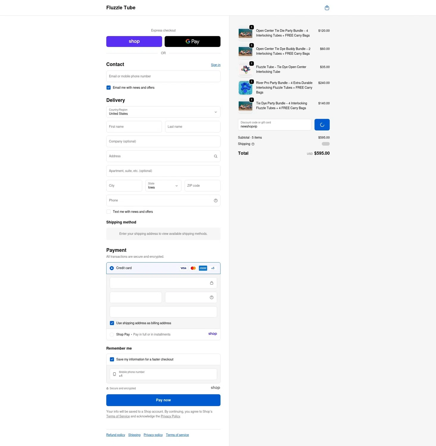 Fuzzle Tube promo code screenshot showing code newshopvip applied at Fuzzle Tube checkout page. Uploaded by SimplyCodes community member jesus4 on Dec 29, 2025