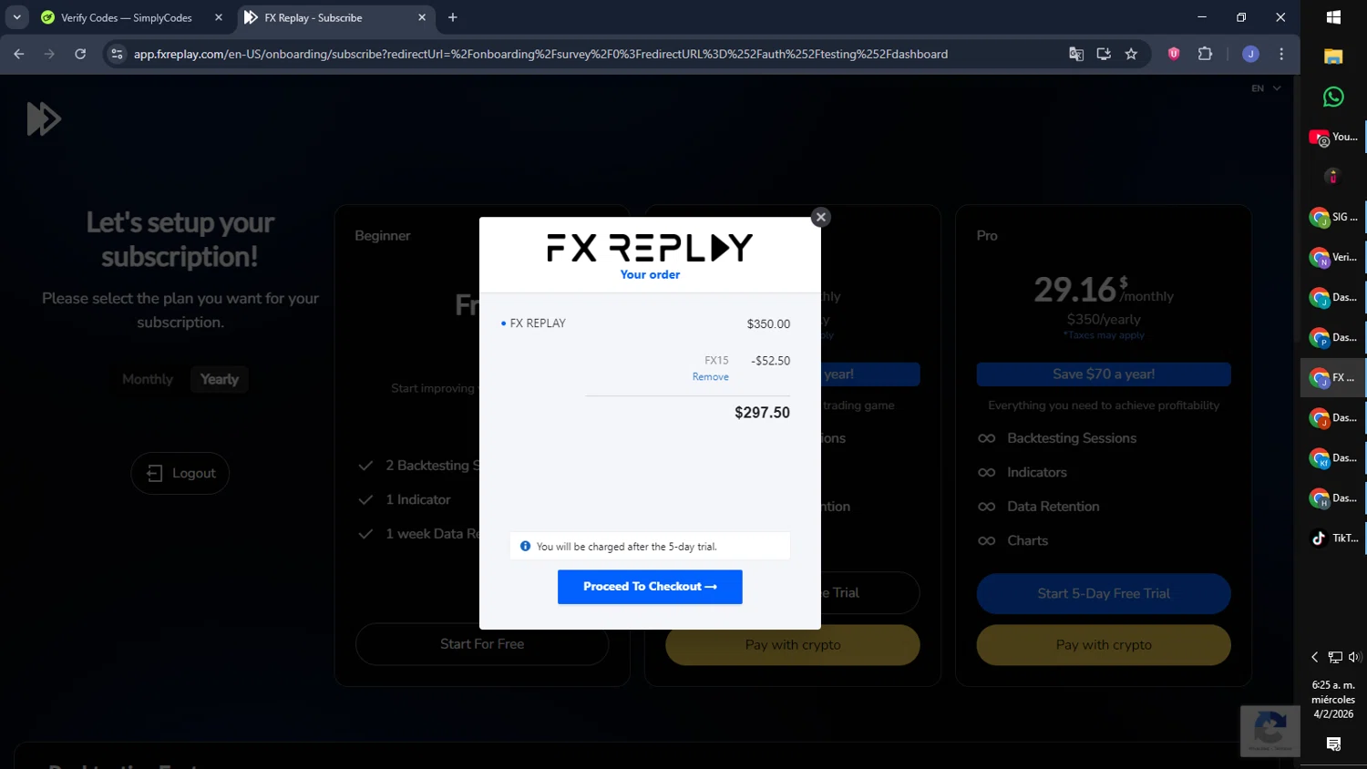 FX Replay promo code screenshot showing code FX15 applied at FX Replay checkout page. Uploaded by SimplyCodes community member CouponGuardian8137 on Feb 4, 2026