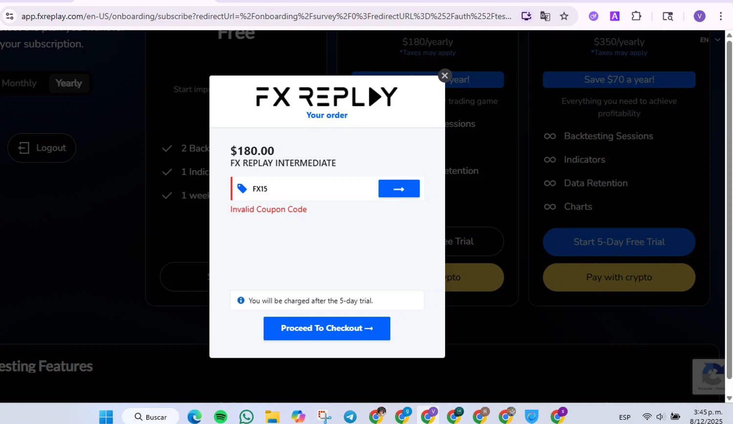 FX Replay promo code screenshot showing code FX15 applied at FX Replay checkout page. Uploaded by SimplyCodes community member GoldLynx7797 on Dec 8, 2025
