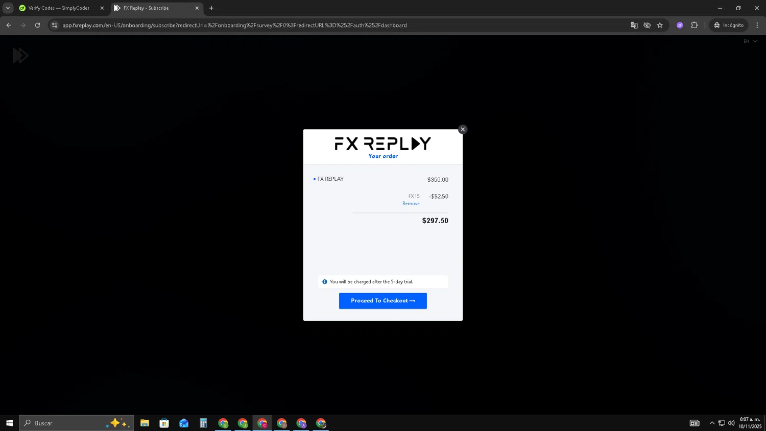 FX Replay promo code screenshot showing code FX15 applied at FX Replay checkout page. Uploaded by SimplyCodes community member TOROREX250 on Nov 10, 2025