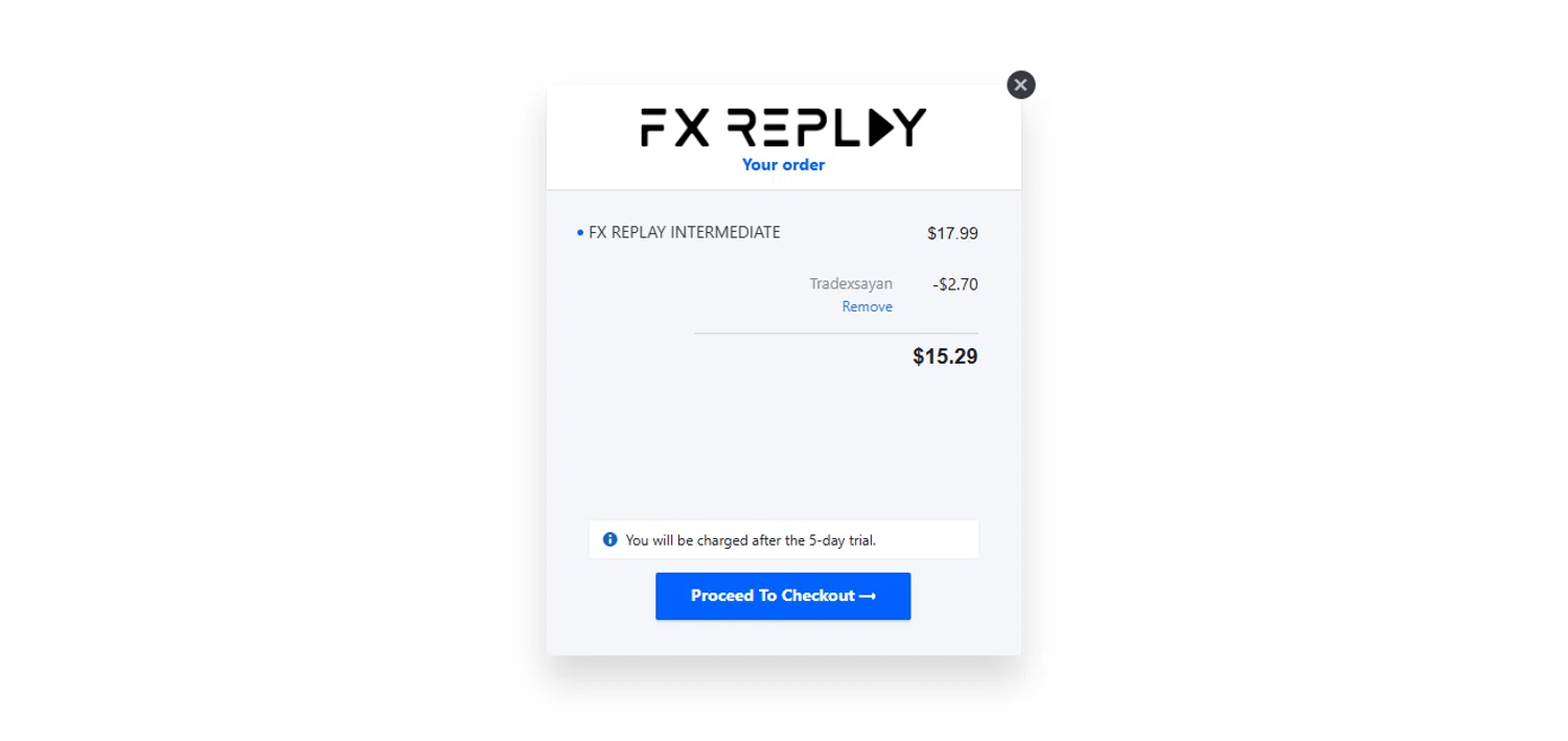 FX Replay promo code screenshot showing code TRADEXSAYAN applied at FX Replay checkout page. Uploaded by SimplyCodes community member Fundolaroca on Jul 31, 2025