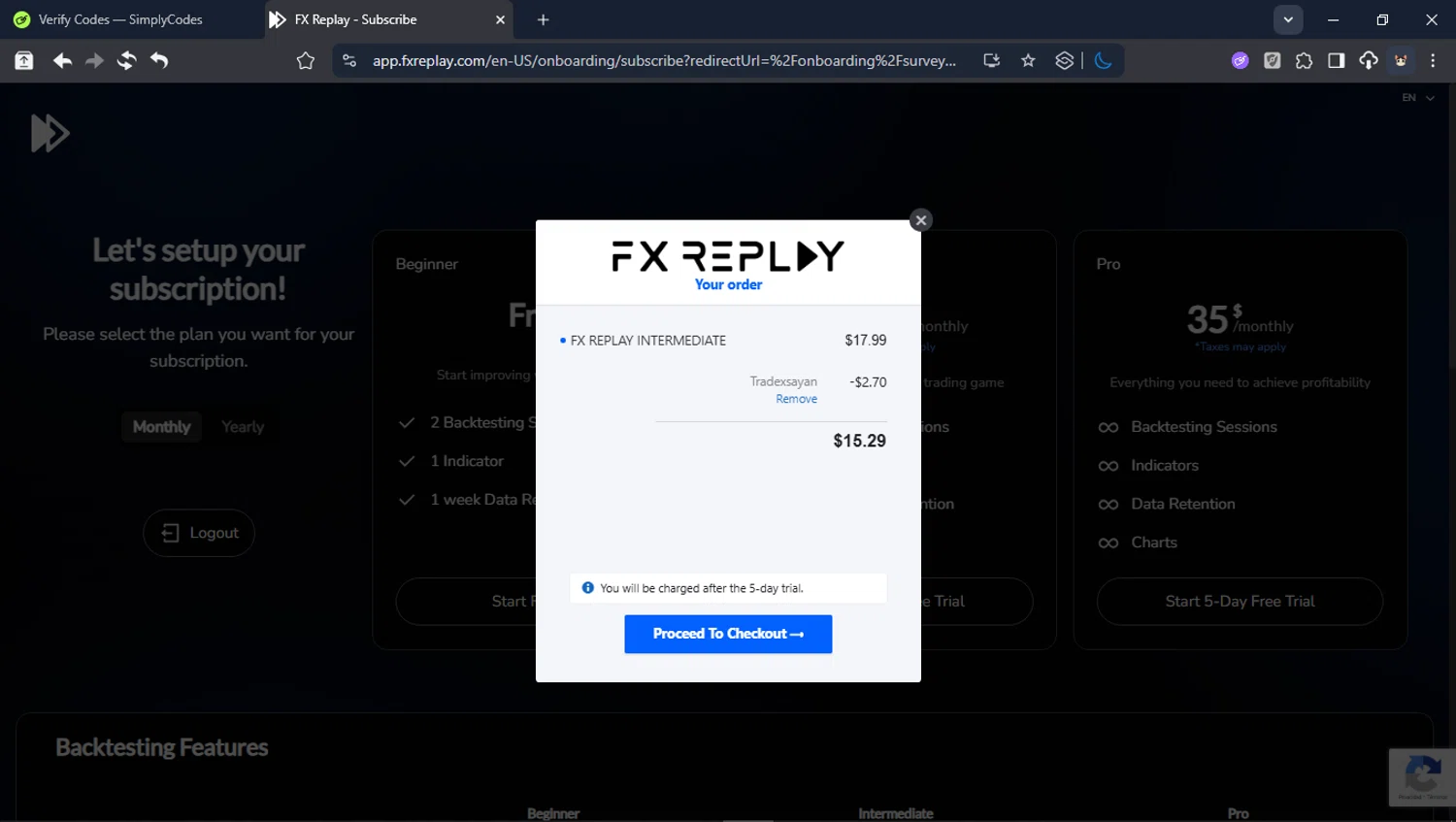 FX Replay promo code screenshot showing code TRADEXSAYAN applied at FX Replay checkout page. Uploaded by SimplyCodes community member BrilliantTitan6909 on Feb 9, 2026