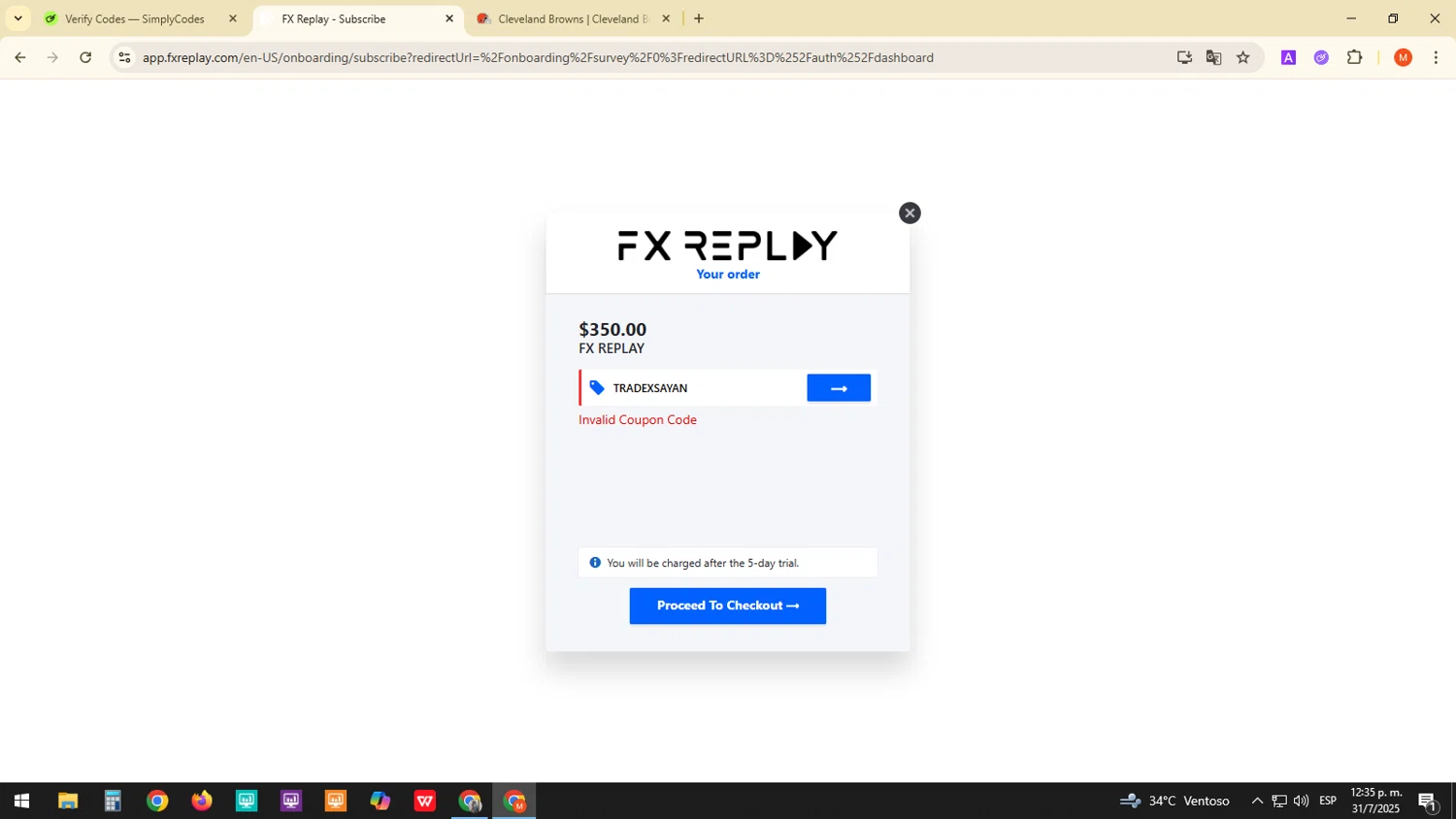 FX Replay promo code screenshot showing code TRADEXSAYAN applied at FX Replay checkout page. Uploaded by SimplyCodes community member ExtraordinaryDefender1444 on Jul 31, 2025