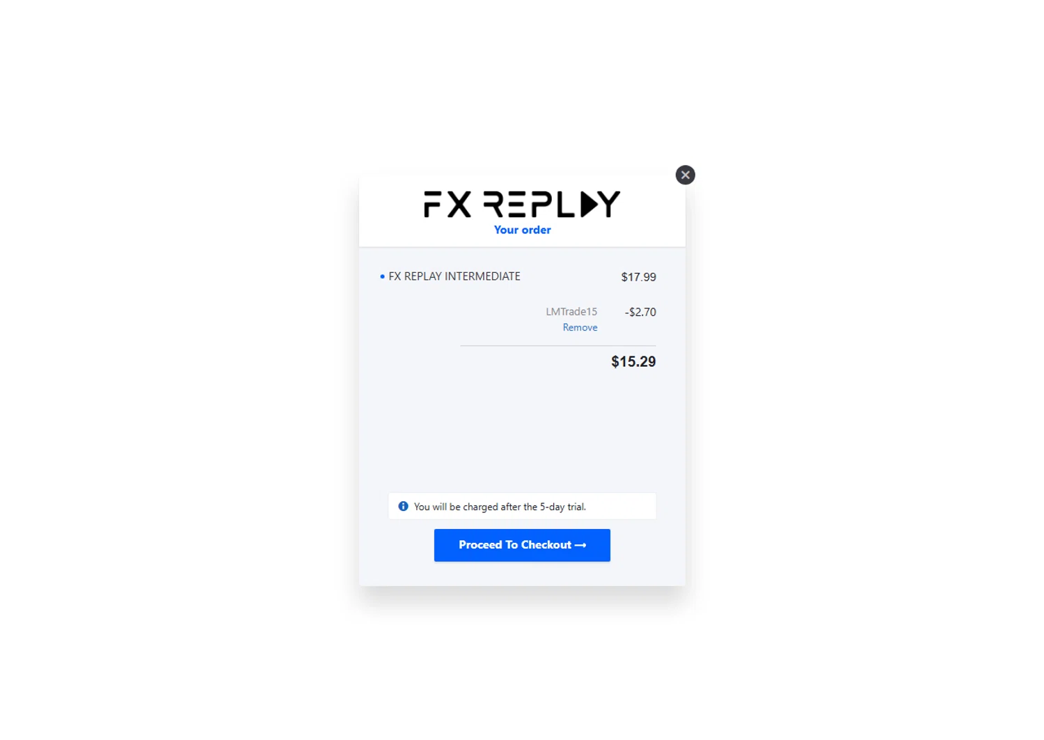 FX Replay promo code screenshot showing code LMTRADE15 applied at FX Replay checkout page. Uploaded by SimplyCodes community member Beaaalmera on Aug 16, 2025