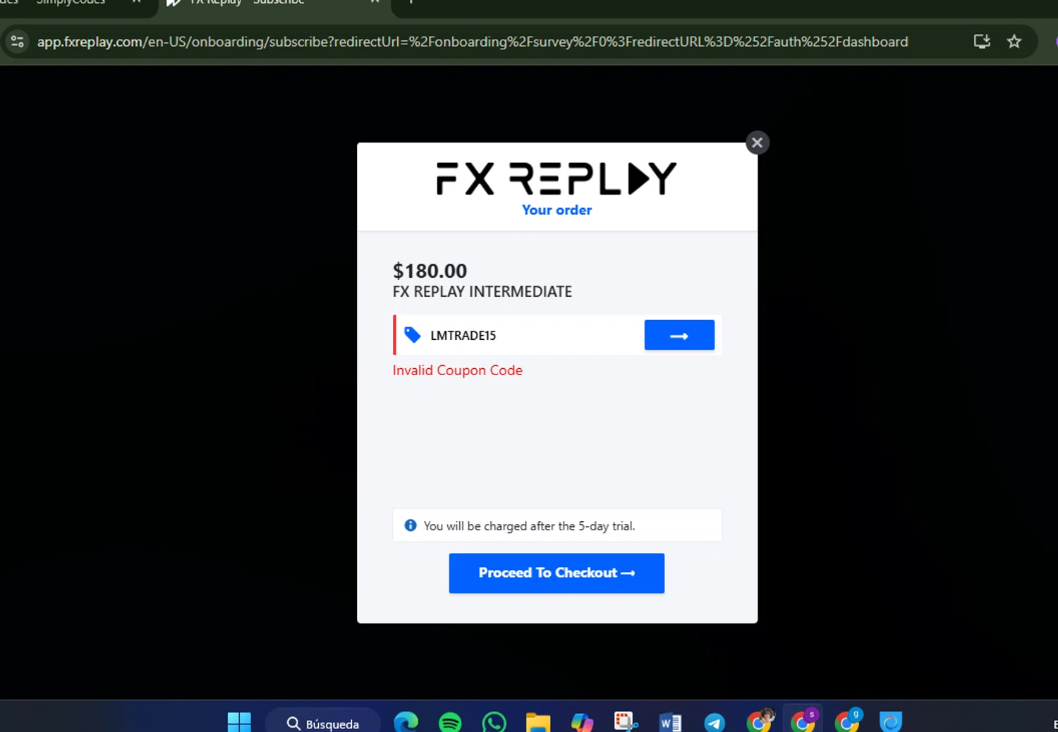 FX Replay promo code screenshot showing code LMTRADE15 applied at FX Replay checkout page. Uploaded by SimplyCodes community member Lamadama on Sep 13, 2025