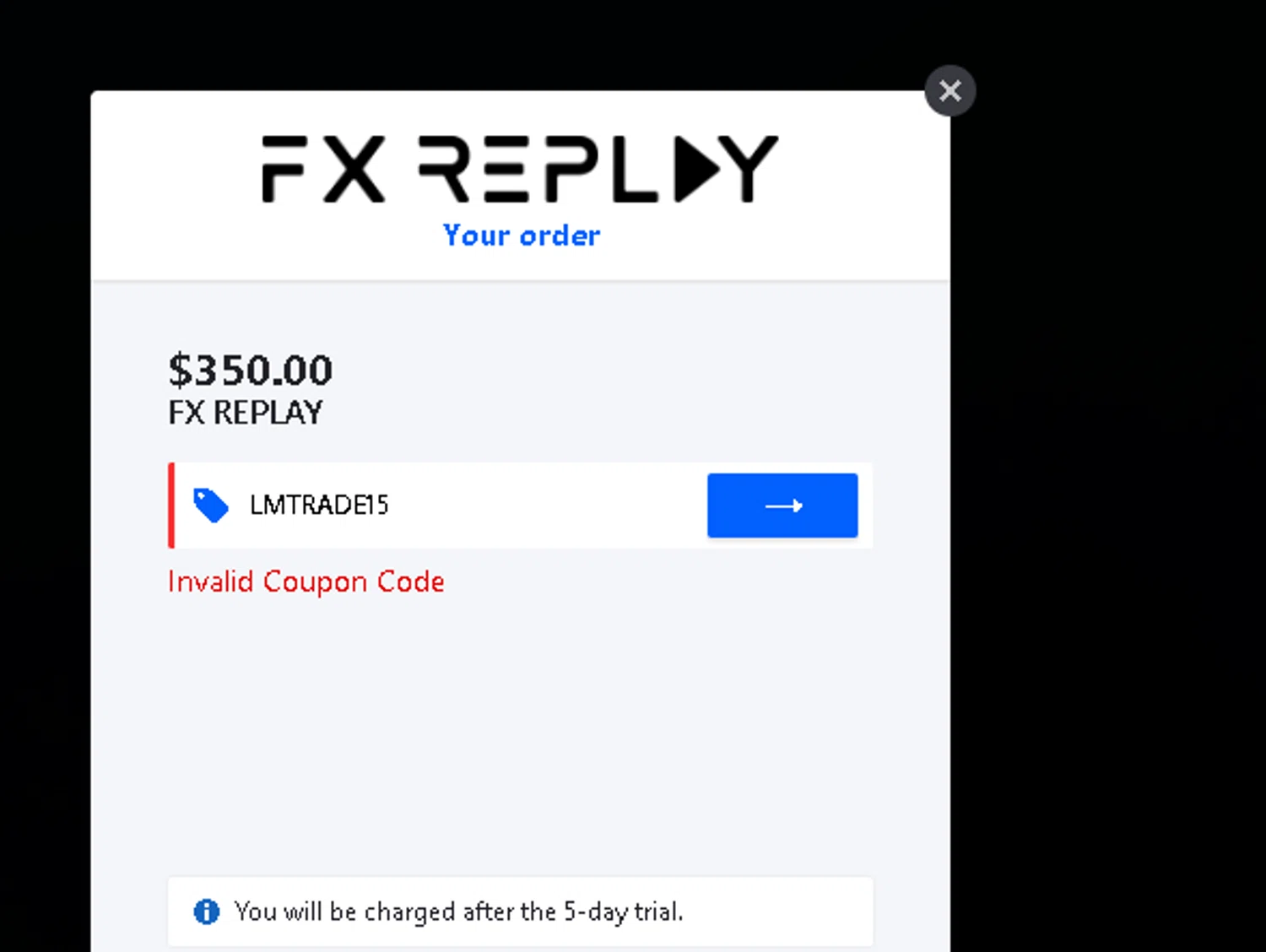 FX Replay promo code screenshot showing code LMTRADE15 applied at FX Replay checkout page. Uploaded by SimplyCodes community member Netheryno on Sep 13, 2025