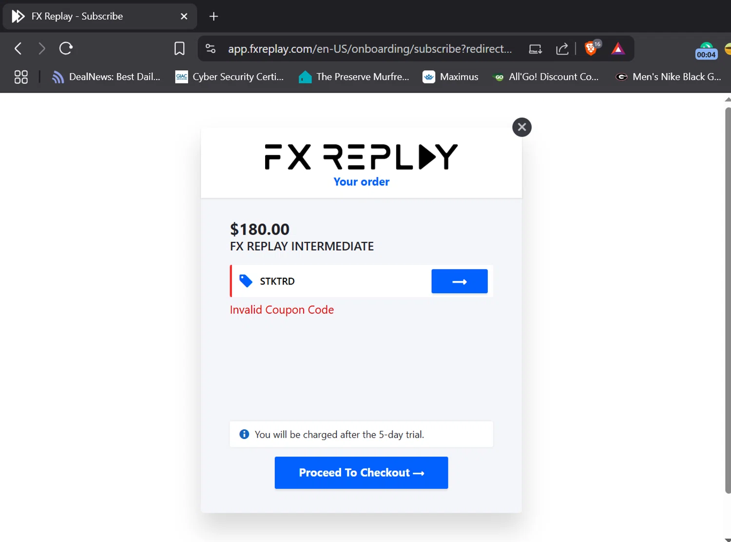 FX Replay promo code screenshot showing code STKTRD applied at FX Replay checkout page. Uploaded by SimplyCodes community member DORIANGEL on Jul 18, 2025
