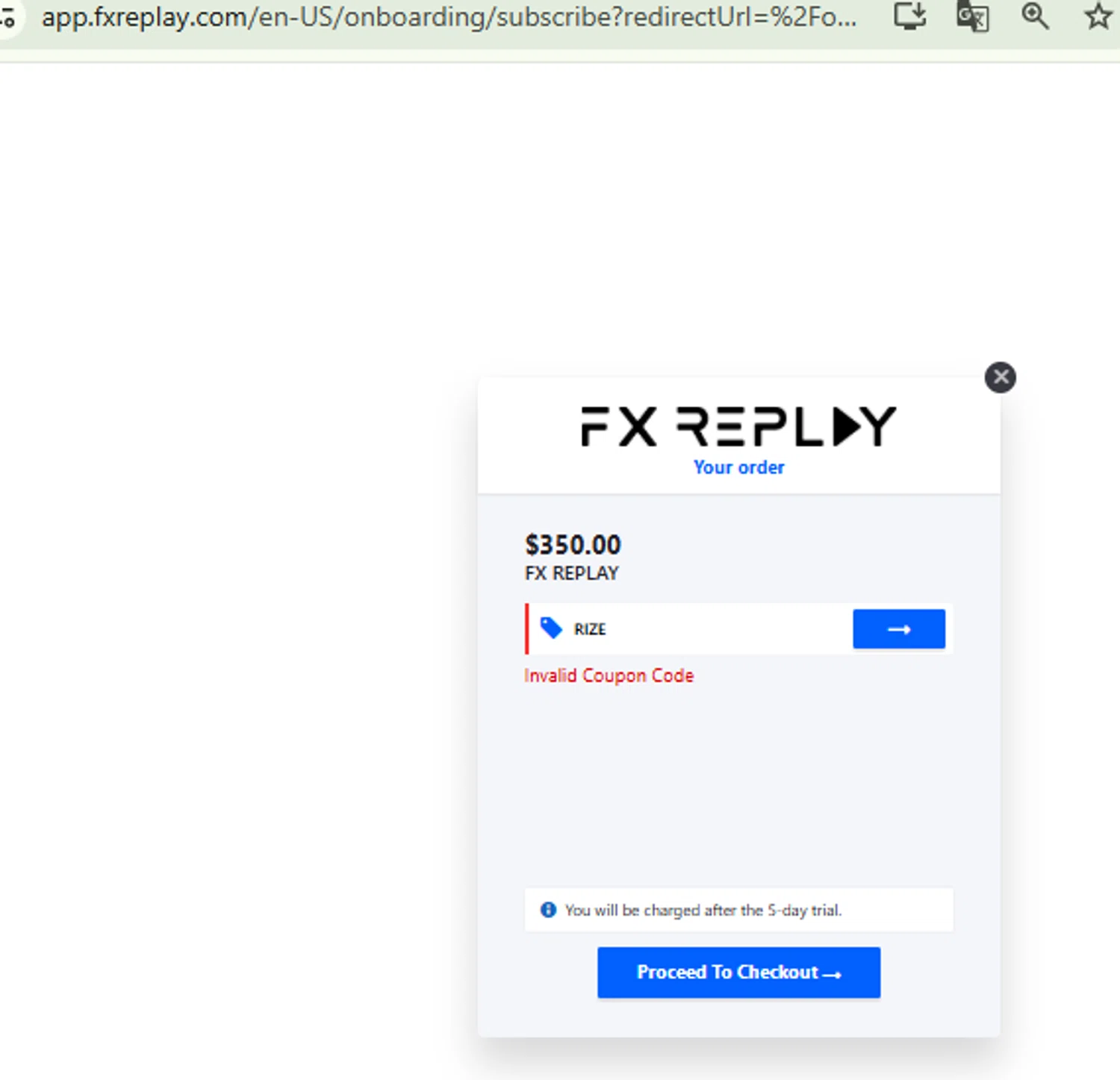 FX Replay promo code screenshot showing code RIZE applied at FX Replay checkout page. Uploaded by SimplyCodes community member CashMaestro9337 on Jul 18, 2025