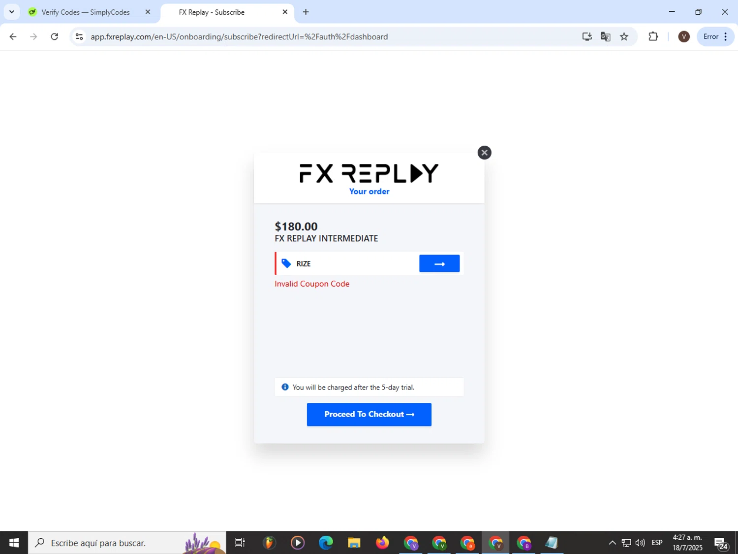 FX Replay promo code screenshot showing code RIZE applied at FX Replay checkout page. Uploaded by SimplyCodes community member PrimeWizard4168 on Jul 18, 2025