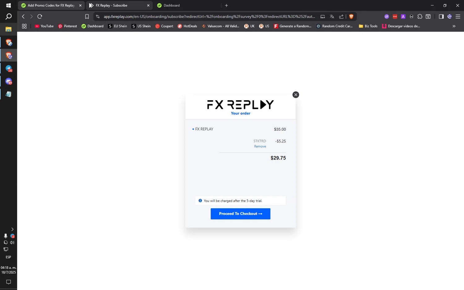 FX Replay promo code screenshot showing code STKTRD applied at FX Replay checkout page. Uploaded by SimplyCodes community member QuantumRider5931 on Jul 18, 2025
