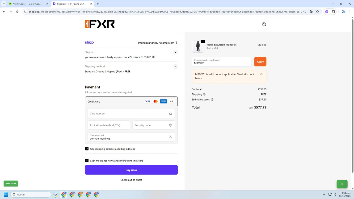 FXR Racing promo code screenshot showing code MBMX31 applied at FXR Racing checkout page. Uploaded by SimplyCodes community member TOKIOBOT on Nov 13, 2025