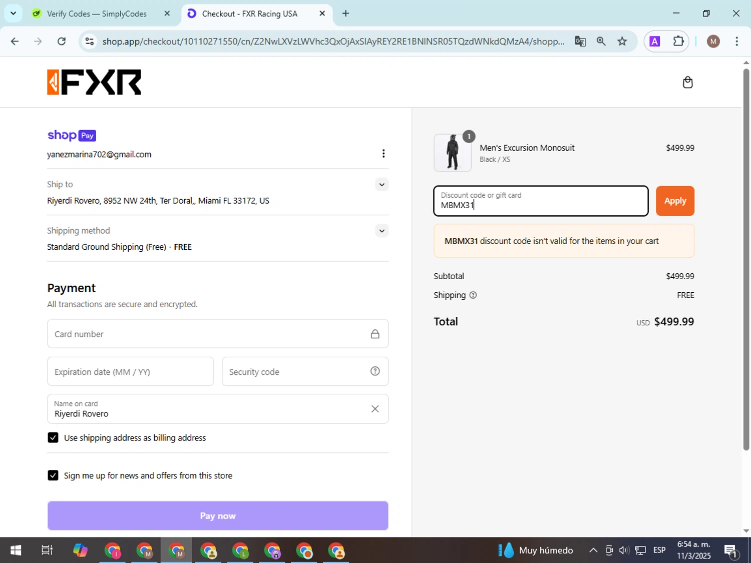 FXR Racing promo code screenshot showing code MBMX31 applied at FXR Racing checkout page. Uploaded by SimplyCodes community member VoucherExpert8533 on Mar 11, 2025