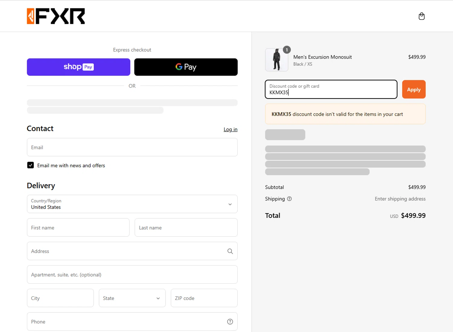 FXR Racing promo code screenshot showing code KKMX35 applied at FXR Racing checkout page. Uploaded by SimplyCodes community member Marboroooooooooooo on Mar 11, 2025