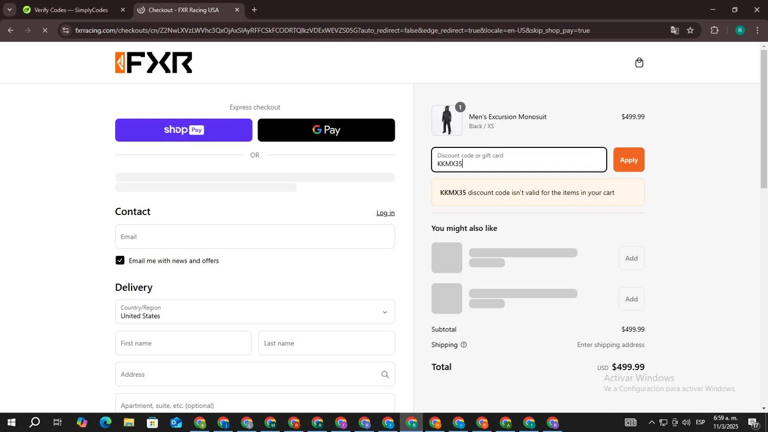 FXR Racing promo code screenshot showing code KKMX35 applied at FXR Racing checkout page. Uploaded by SimplyCodes community member CleverCurator1217 on Mar 11, 2025