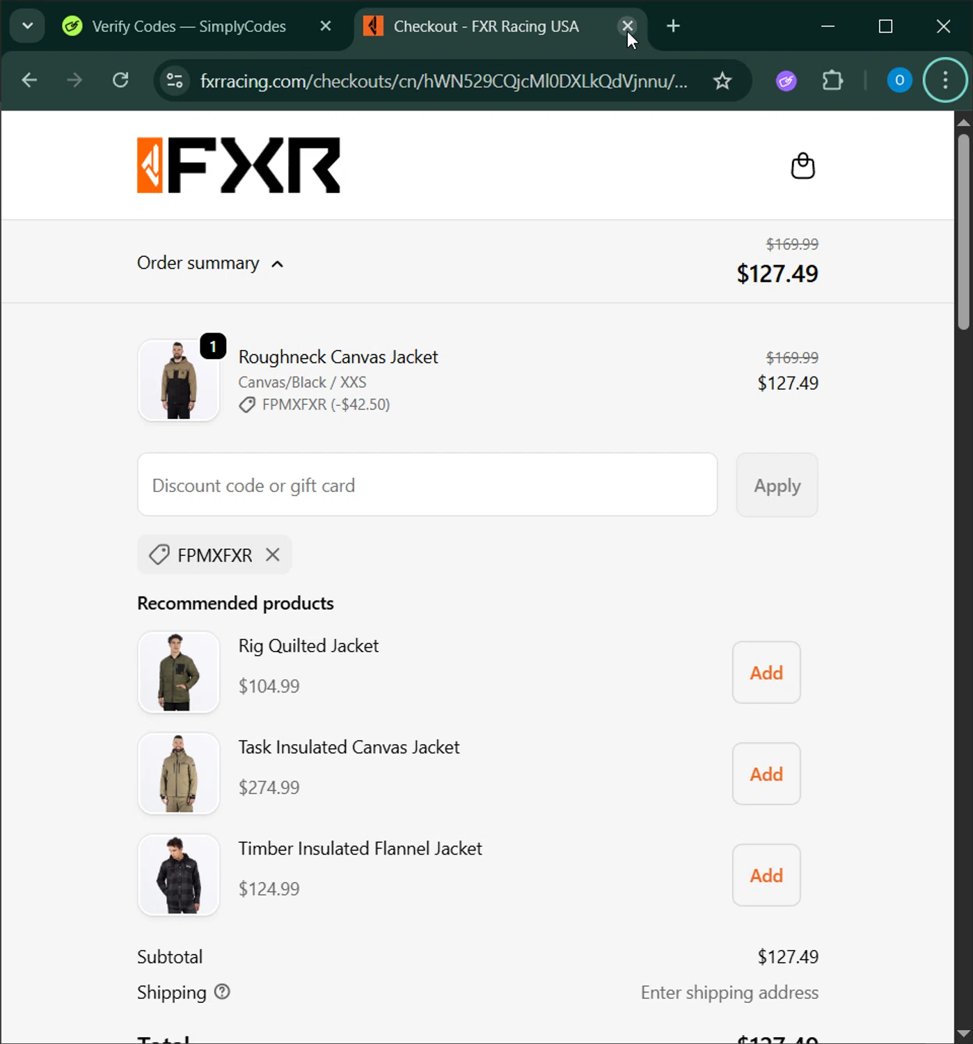 FXR Racing promo code screenshot showing code FPMXFXR applied at FXR Racing checkout page. Uploaded by SimplyCodes community member _____________ on Nov 7, 2025