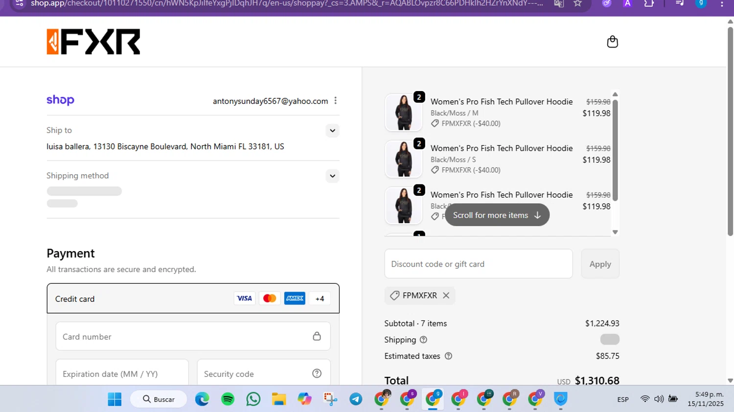FXR Racing promo code screenshot showing code FPMXFXR applied at FXR Racing checkout page. Uploaded by SimplyCodes community member FrugalVirtuoso6318 on Nov 15, 2025