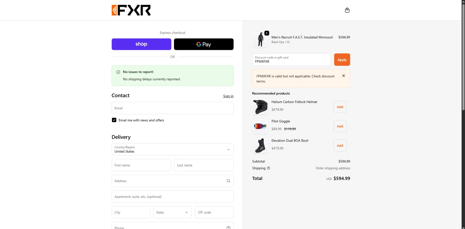 FXR Racing promo code screenshot showing code FPMXFXR applied at FXR Racing checkout page. Uploaded by SimplyCodes community member WiseSage2777 on Nov 13, 2025