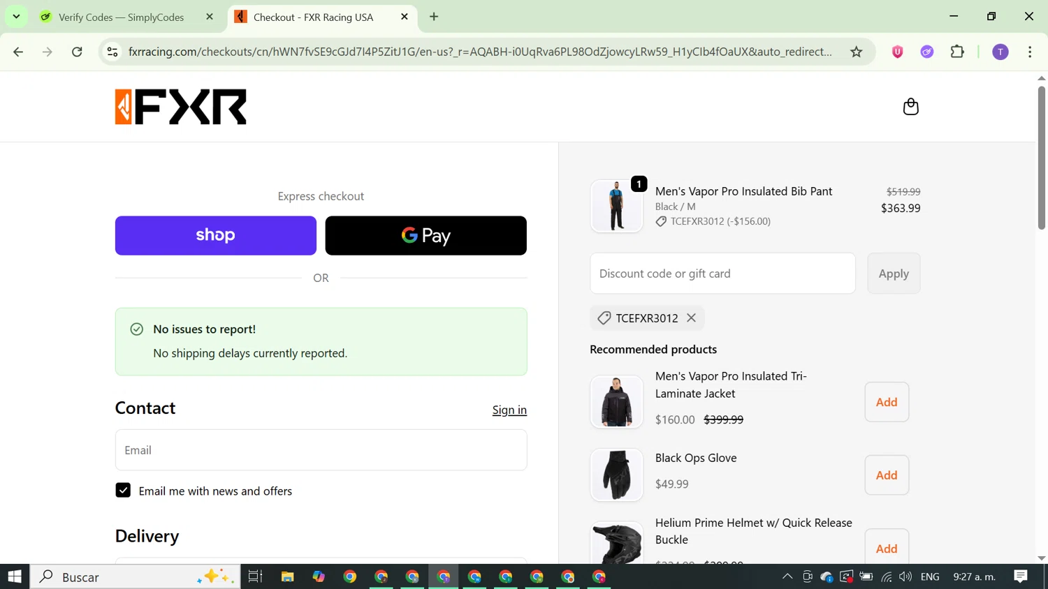 FXR Racing promo code screenshot showing code SOUPMOTOFXR applied at FXR Racing checkout page. Uploaded by SimplyCodes community member FortunateCurator5882 on Jan 16, 2026