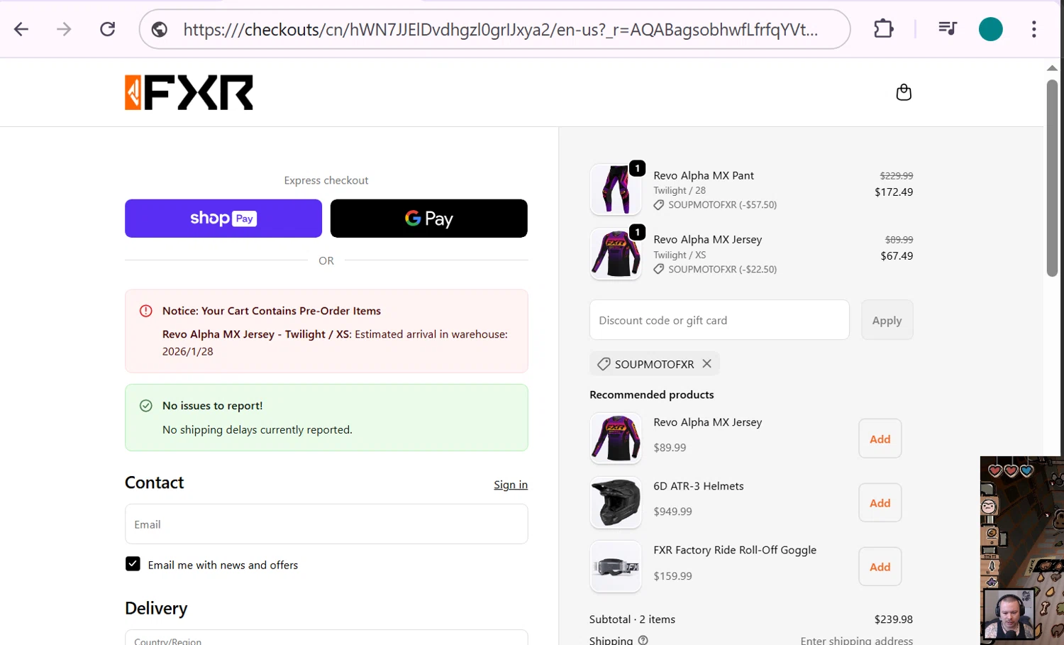 FXR Racing promo code screenshot showing code SOUPMOTOFXR applied at FXR Racing checkout page. Uploaded by SimplyCodes community member anosesmith on Jan 6, 2026