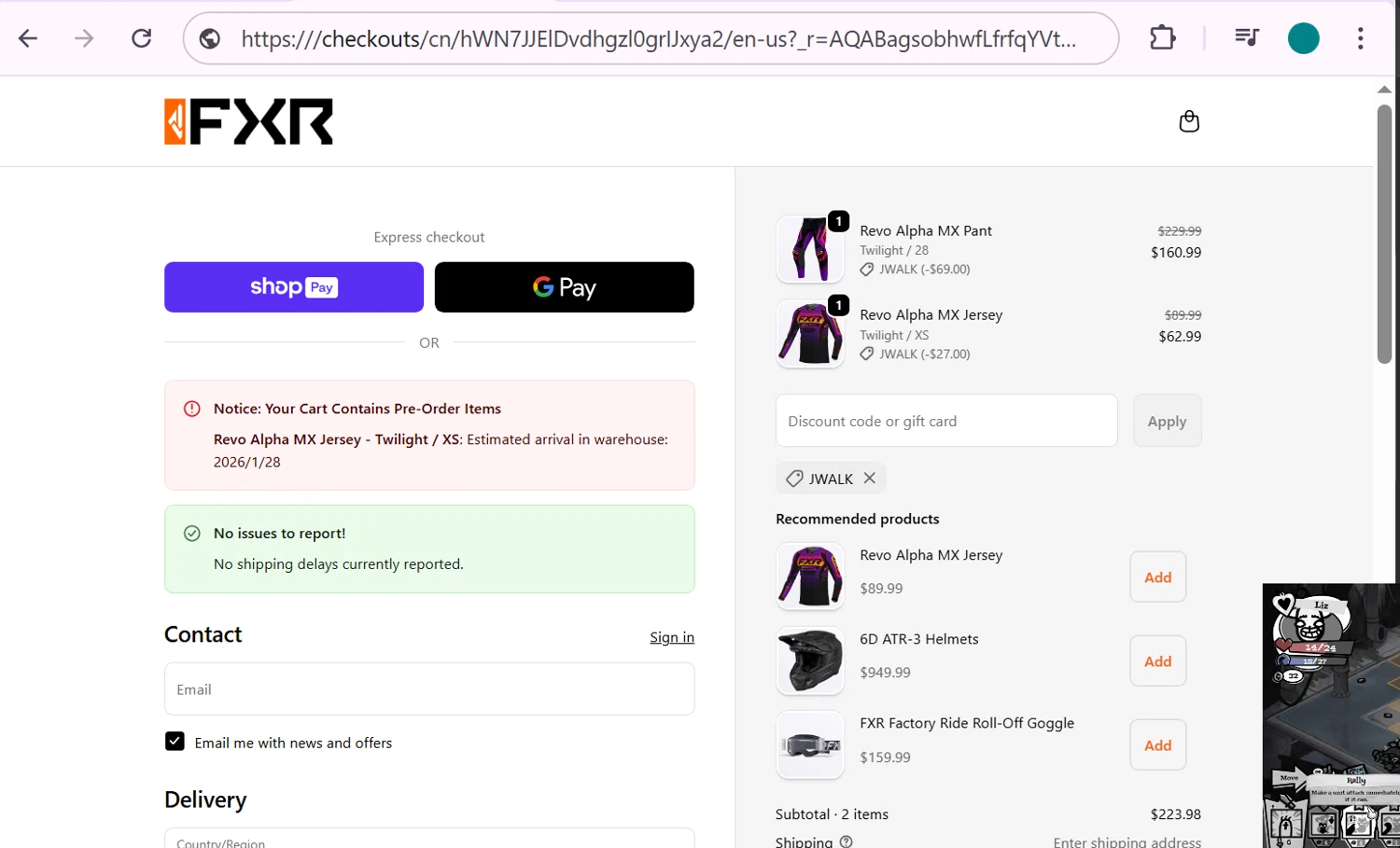 FXR Racing promo code screenshot showing code JWalk applied at FXR Racing checkout page. Uploaded by SimplyCodes community member anosesmith on Jan 6, 2026