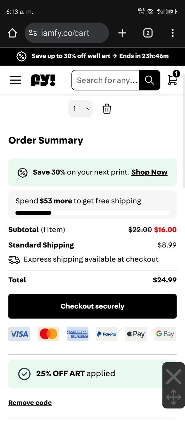Fy checkout page showing Fy discount code box | Screenshot taken by SimplyCodes community member on Aug 16, 2025