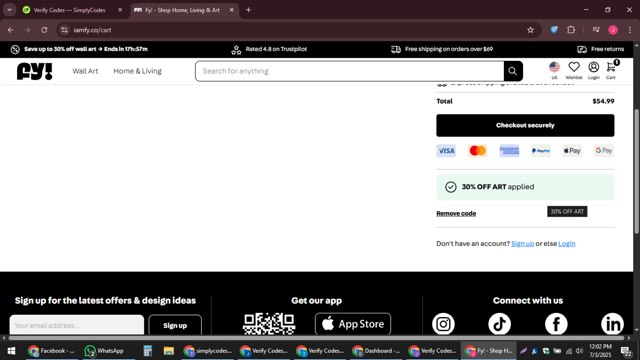 Fy checkout page showing Fy discount code box | Screenshot taken by SimplyCodes community member on Jul 3, 2025
