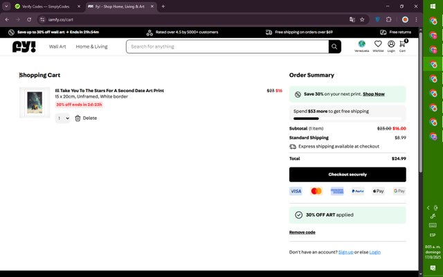 Fy checkout page showing Fy discount code box | Screenshot taken by SimplyCodes community member on Aug 17, 2025