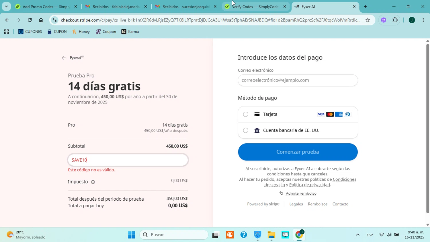 Fyxer.ai promo code screenshot showing code SAVE10 applied at Fyxer.ai checkout page. Uploaded by SimplyCodes community member jorgejavierherrera on Nov 16, 2025