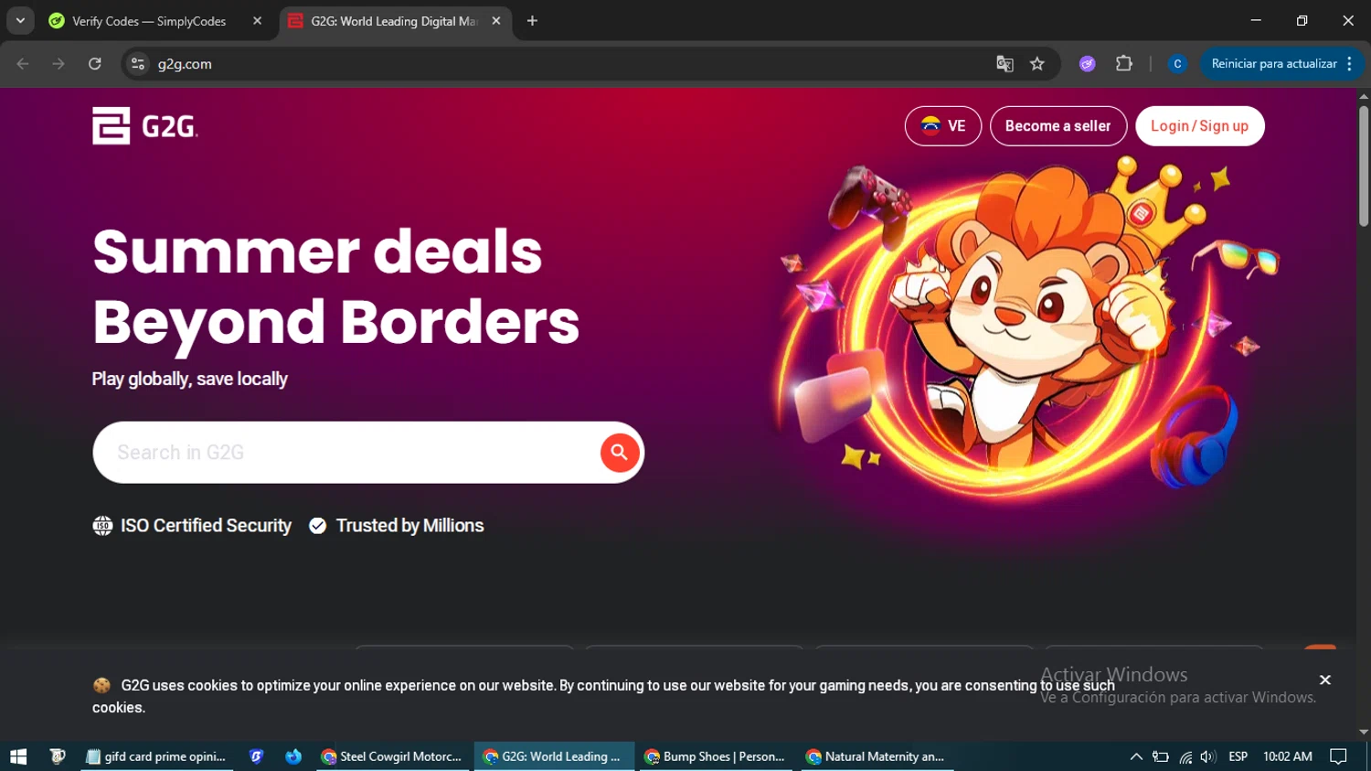 G2G discount code screenshot showing code WELCOME applied at G2G checkout page. Uploaded by SimplyCodes community member BargainExpert7605 on Aug 5, 2025