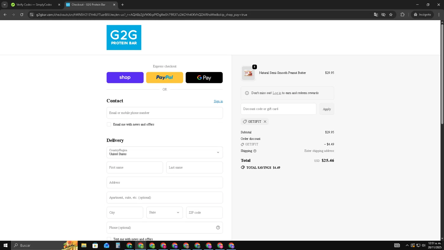 G2G Bar promo code screenshot showing code GetsFit applied at G2G Bar checkout page. Uploaded by SimplyCodes community member SUZUKIV on Nov 20, 2025