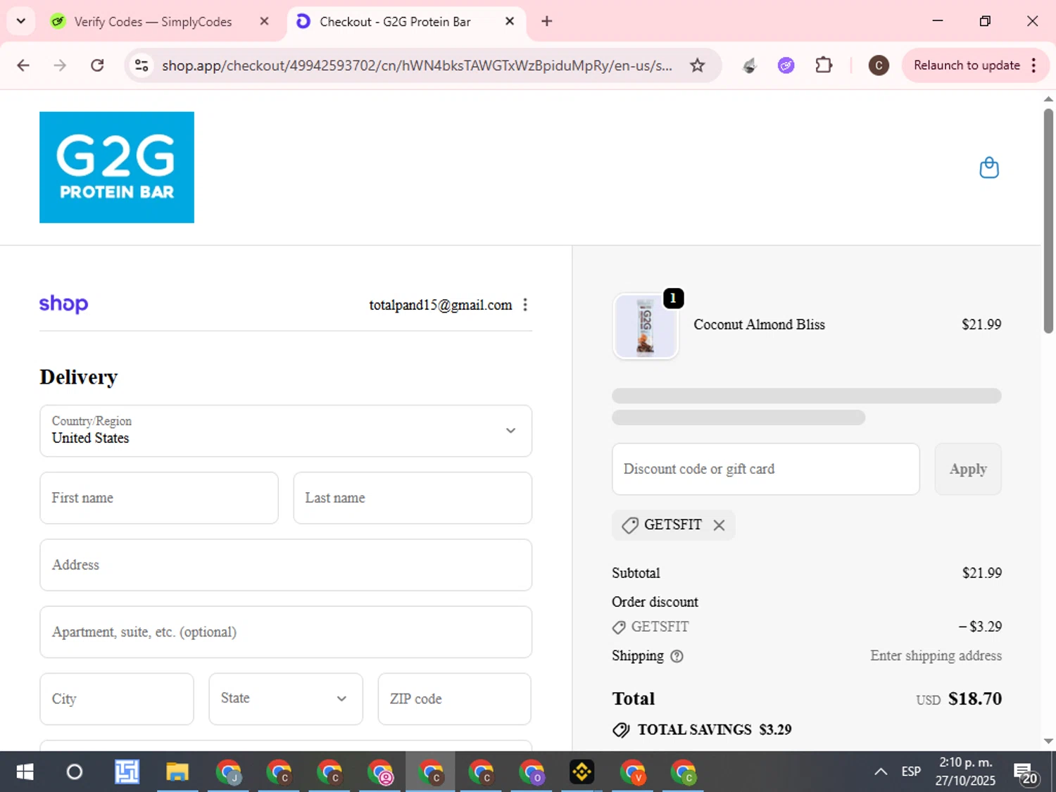 G2G Bar promo code screenshot showing code GetsFit applied at G2G Bar checkout page. Uploaded by SimplyCodes community member WonderCurator7831 on Oct 27, 2025
