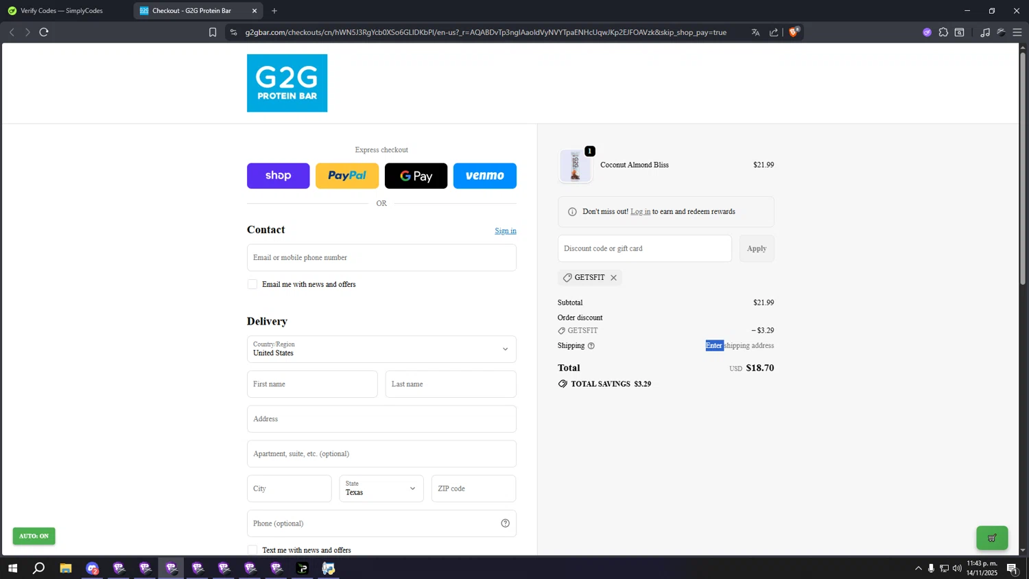 G2G Bar promo code screenshot showing code GetsFit applied at G2G Bar checkout page. Uploaded by SimplyCodes community member lllllllllllllll on Nov 15, 2025